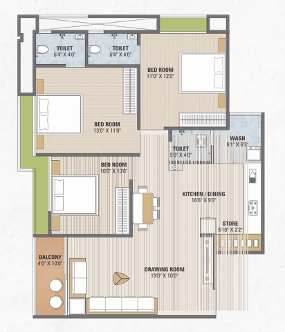 3 BHK Flat floor plan