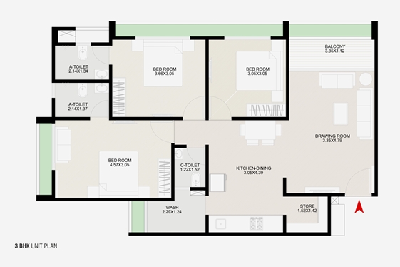3 BHK Flat floor plan