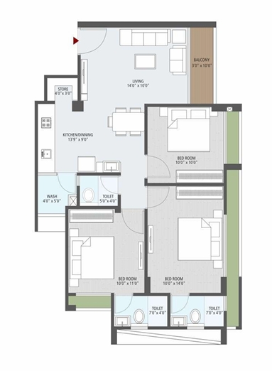 3 BHK Flat floor plan
