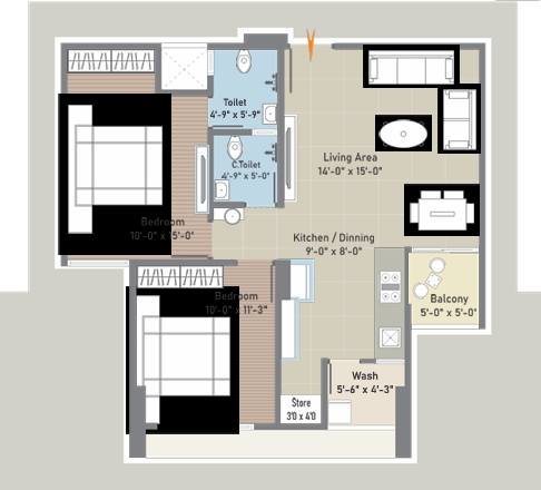 2 BHK Flat floor plan
