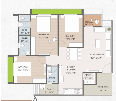 3 BHK Flat floor plan