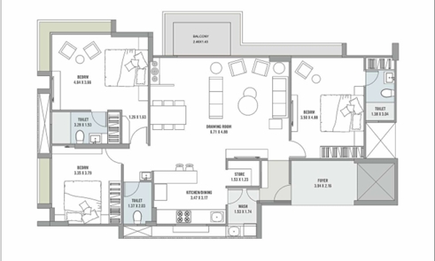 3 BHK Flat floor plan