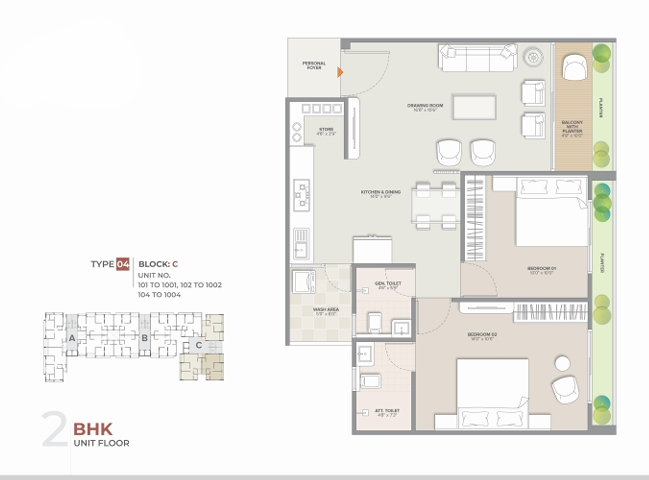 2 BHK Flat floor plan