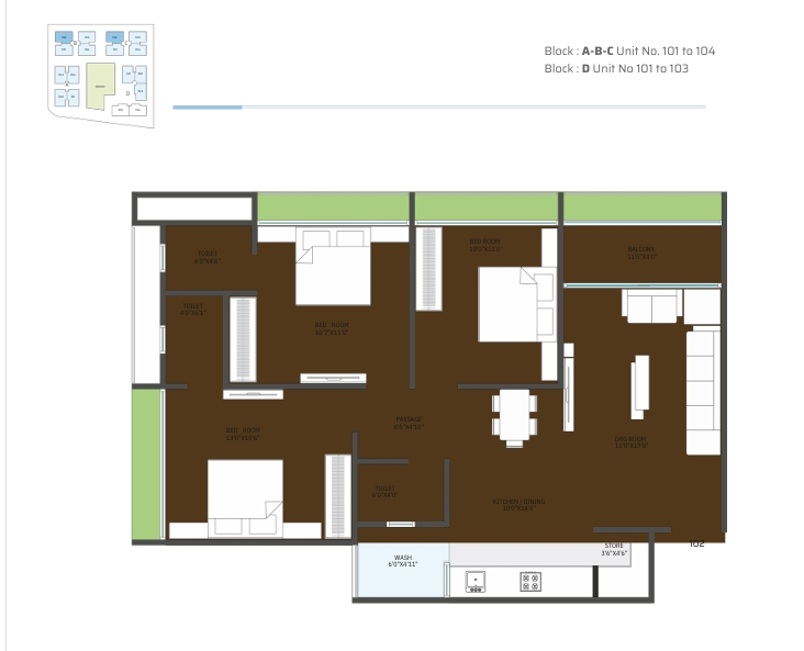 3 BHK Flat floor plan