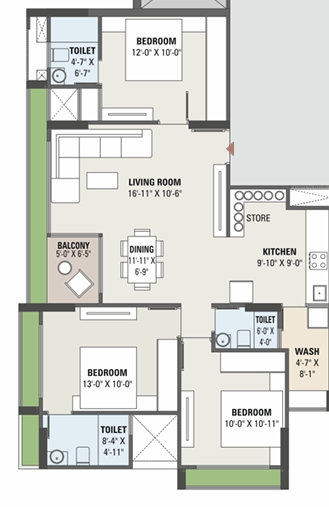 3 BHK Flat floor plan