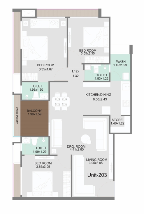 3 BHK Flat floor plan