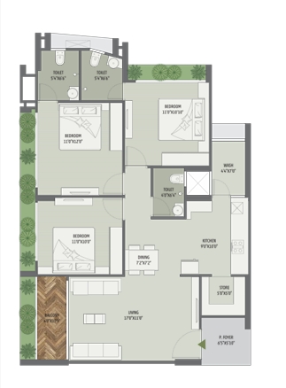 3 BHK Flat floor plan