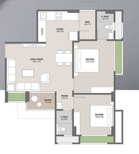 2 BHK Flat floor plan