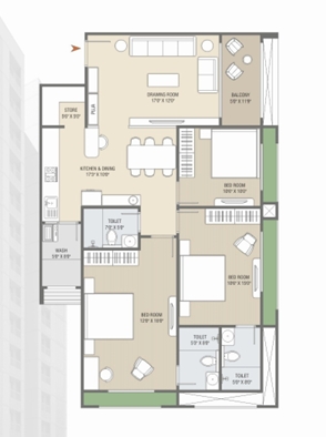3 BHK Flat floor plan