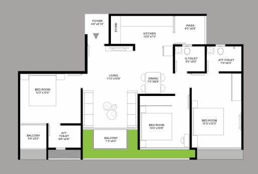 3 BHK Flat floor plan