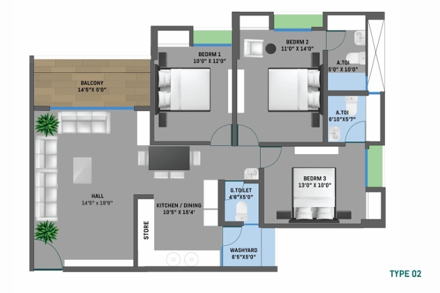 3 BHK Flat floor plan