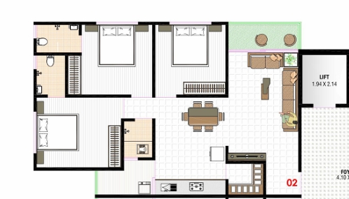 3 BHK Flat floor plan