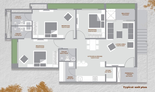 3 BHK Flat floor plan