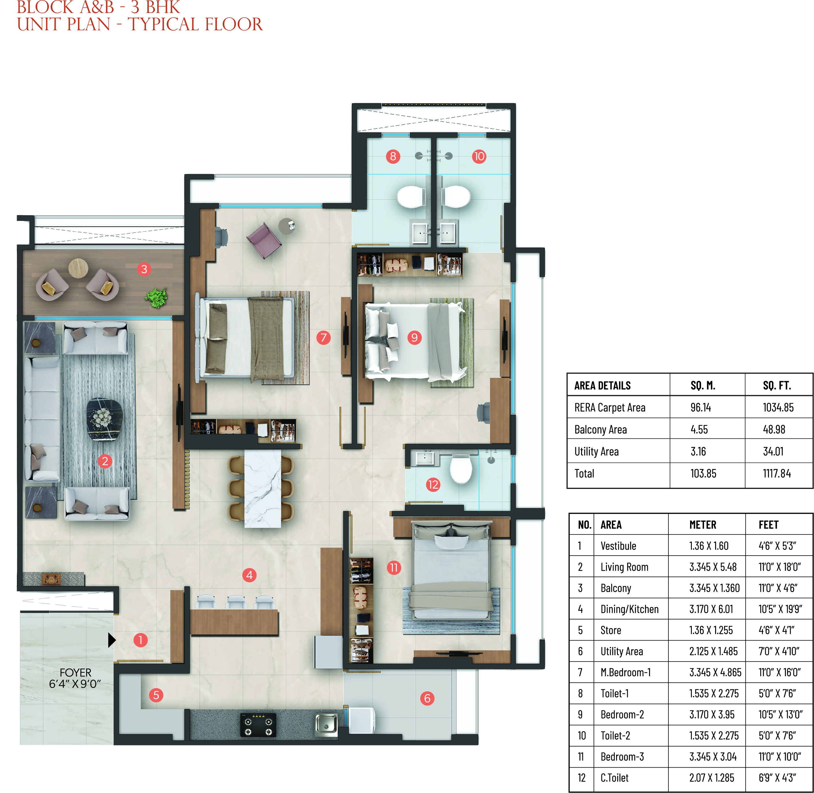 3 BHK Flat floor plan