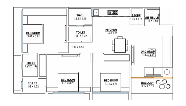 3 BHK Flat floor plan