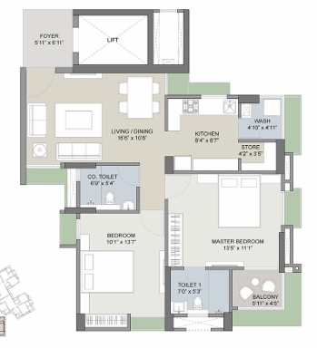 2 BHK Flat floor plan