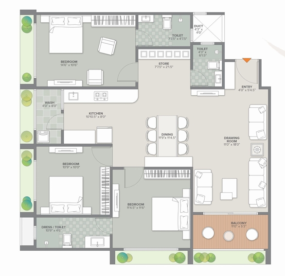 3 BHK Flat floor plan