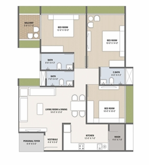 3 BHK Flat floor plan