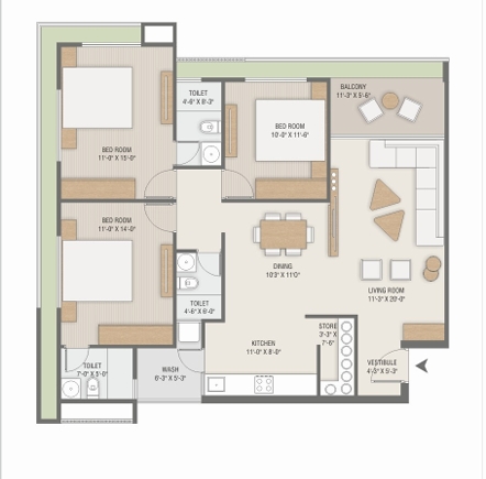 3 BHK Flat floor plan