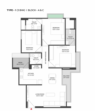 3 BHK Flat floor plan