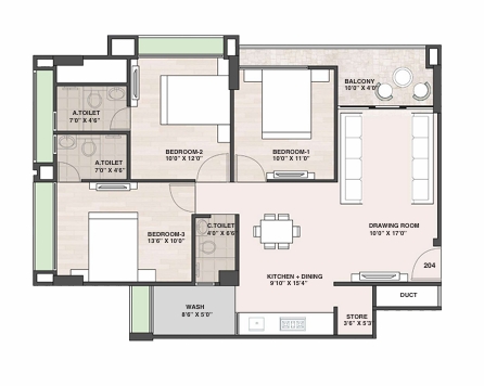 3 BHK Flat floor plan