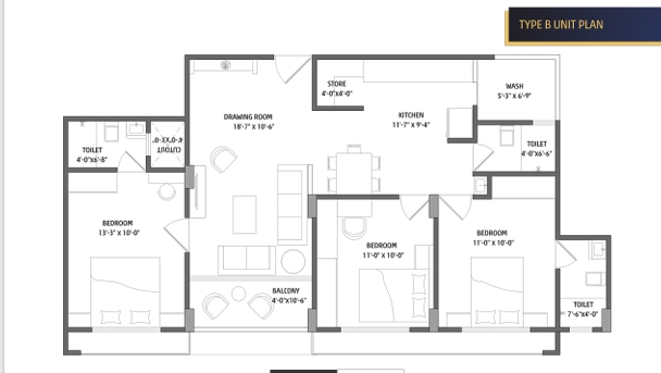 3 BHK Flat floor plan