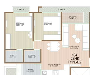 2 BHK Flat floor plan