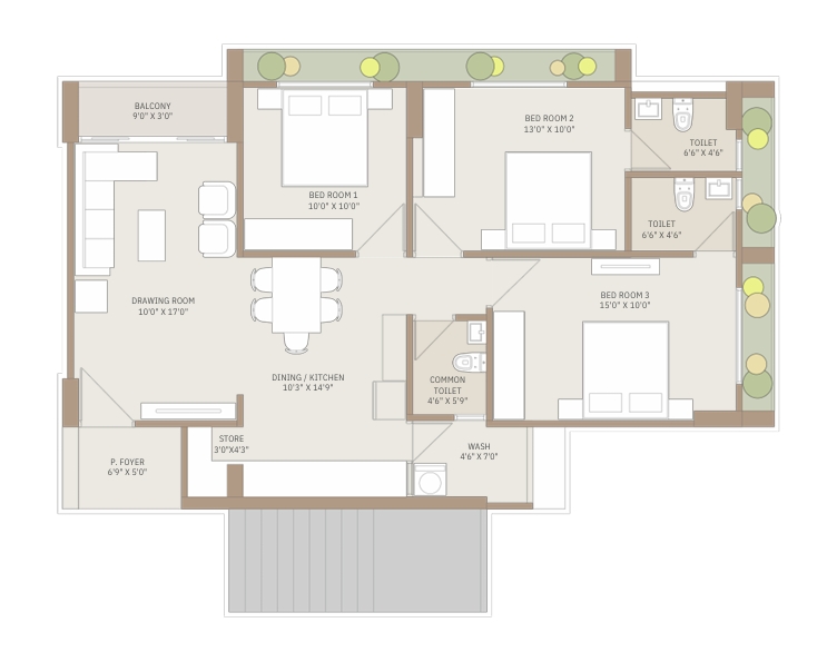 3 BHK Flat floor plan