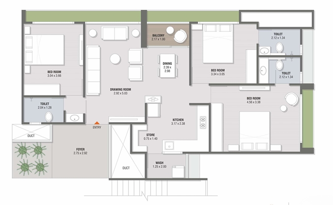 3 BHK Flat floor plan