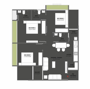 3 BHK Flat floor plan