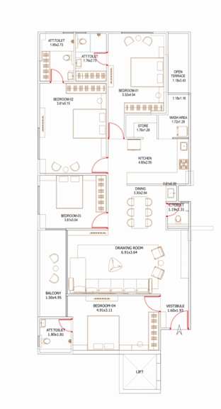 4 BHK Flat floor plan