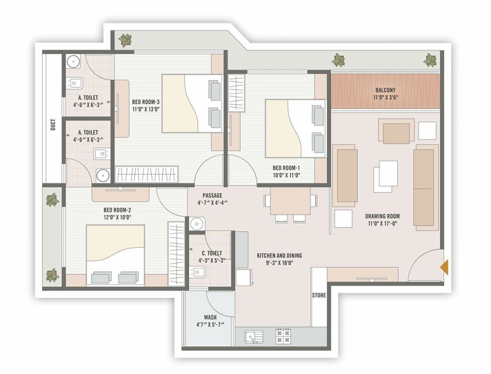 3 BHK Flat floor plan