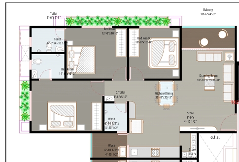 3 BHK Flat floor plan