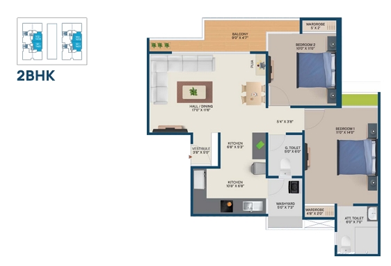 2 BHK Flat floor plan