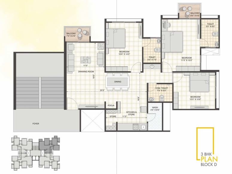 3 BHK Flat floor plan
