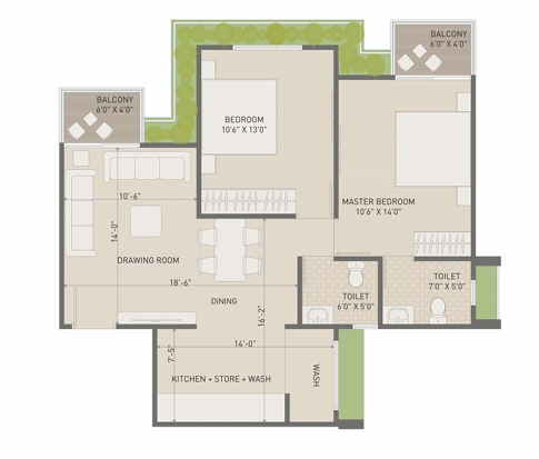 2 BHK Flat floor plan