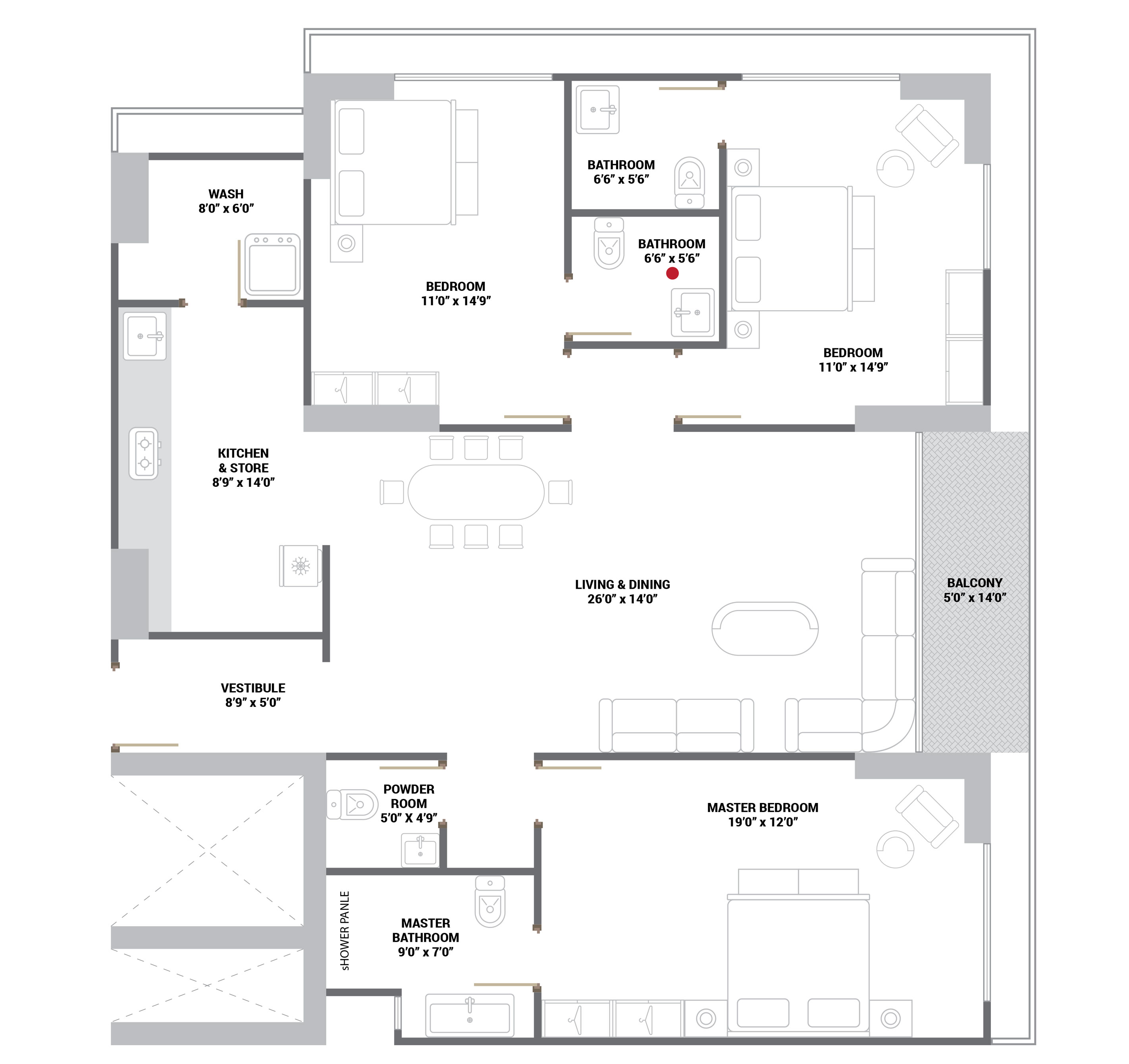 3 BHK Flat floor plan