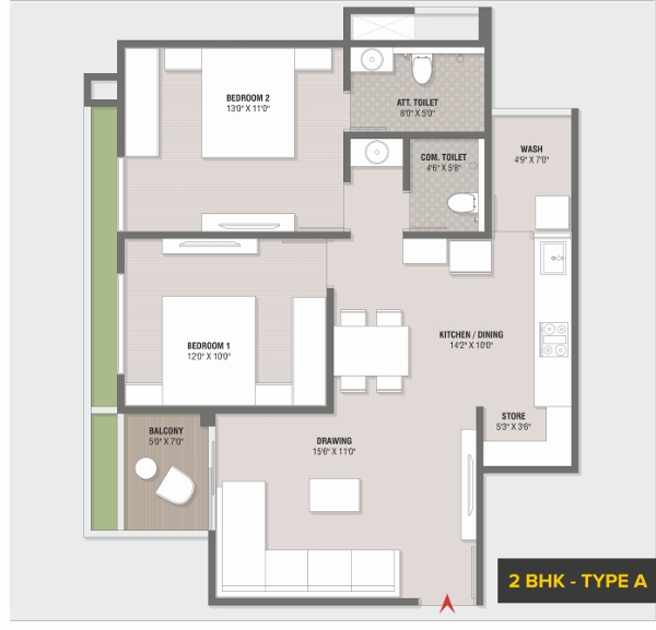 2 BHK Flat floor plan