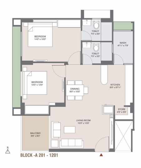 2 BHK Flat floor plan