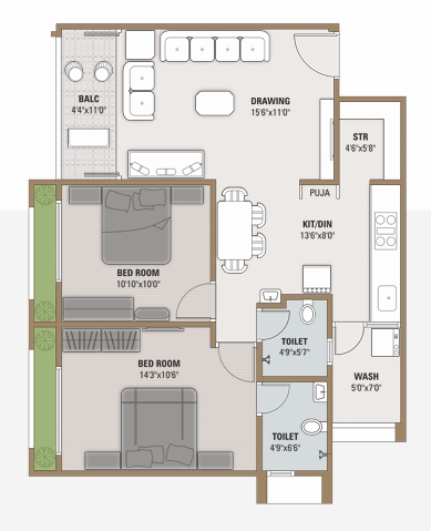 2 BHK Flat floor plan