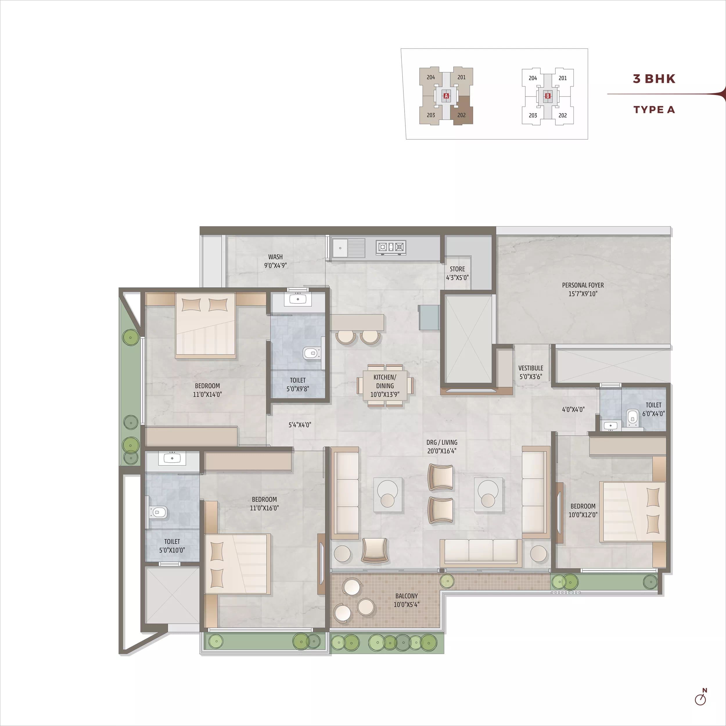 3 BHK Flat floor plan