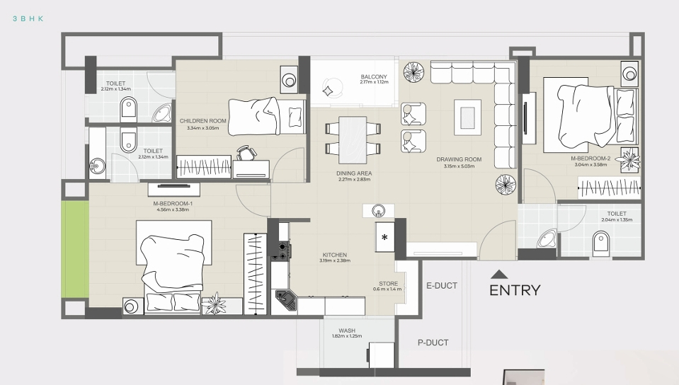 3 BHK Flat floor plan