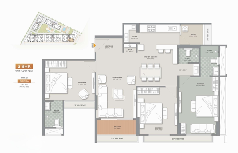 3 BHK Flat floor plan