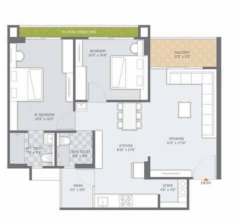 2 BHK Flat floor plan
