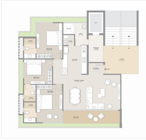 3 BHK Flat floor plan