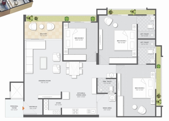 3 BHK Flat floor plan